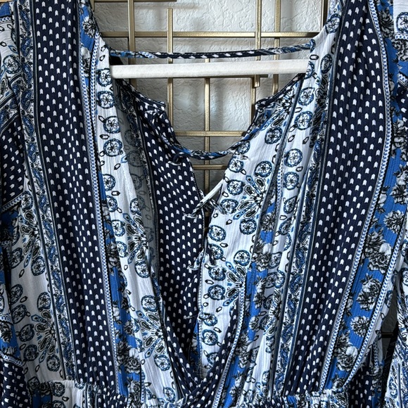 H&M Blue Patchwork Drawstring Detail Bell Sleeve Maxi - 12 - Picture 5 of 8